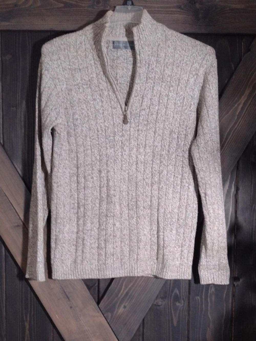 Oscar De La Renta Men's Heathered Beige Half-Zip Cable Knit Sweater Sz Medium